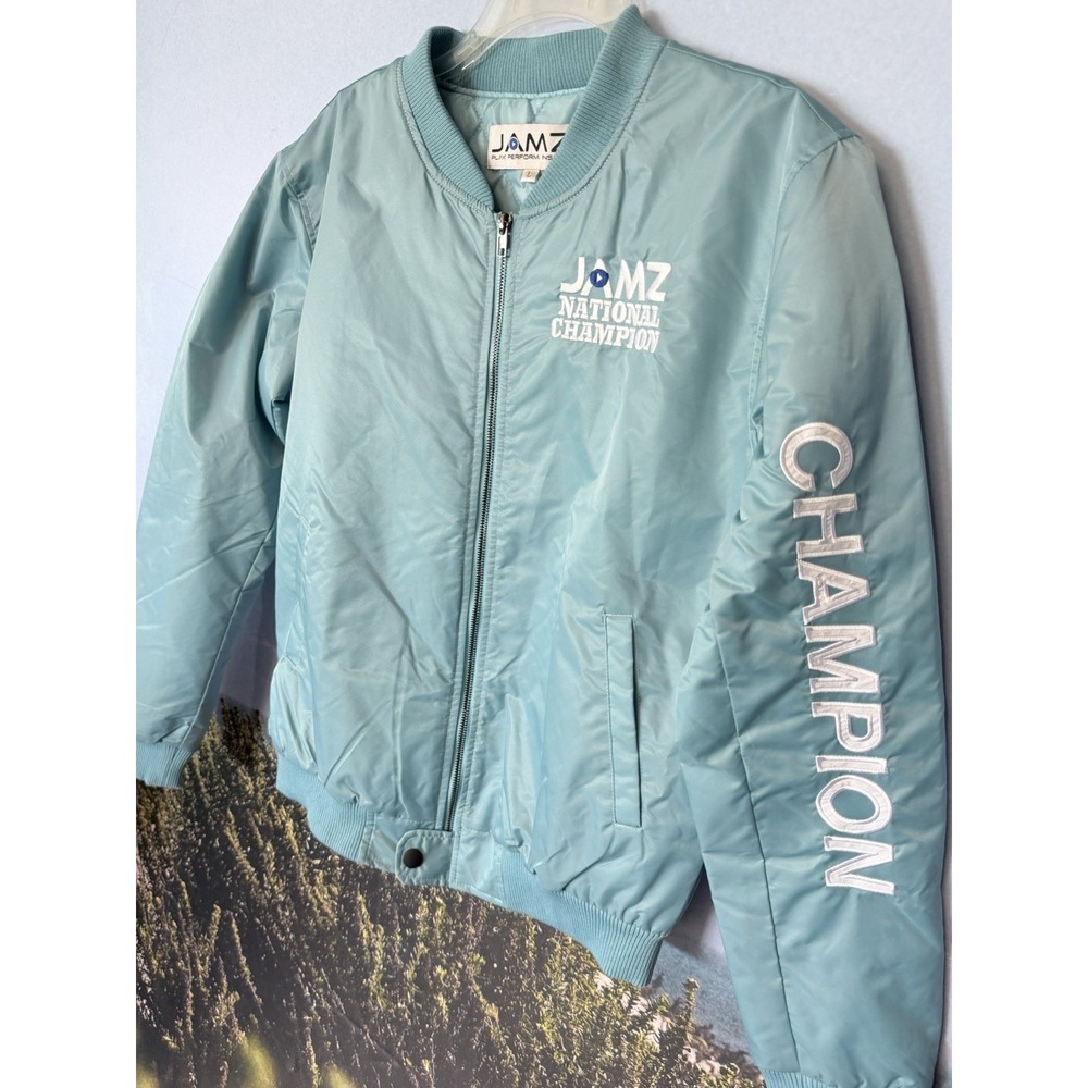JAMZ National Championship Cheerleading Satin Bomber Jacket Tiffany Blue